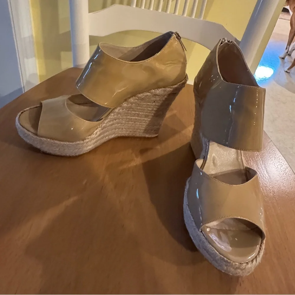 Jimmy Choo Beige Patent Leather Wedge Sandals